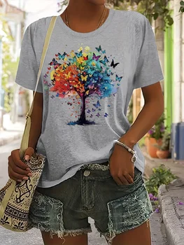 Lady CLothes Crew Neck Short Sleeve Watercolor StyleColorful Butterfly Tree Print T Shirt Women's Outfits Casual Daily Wear 1
