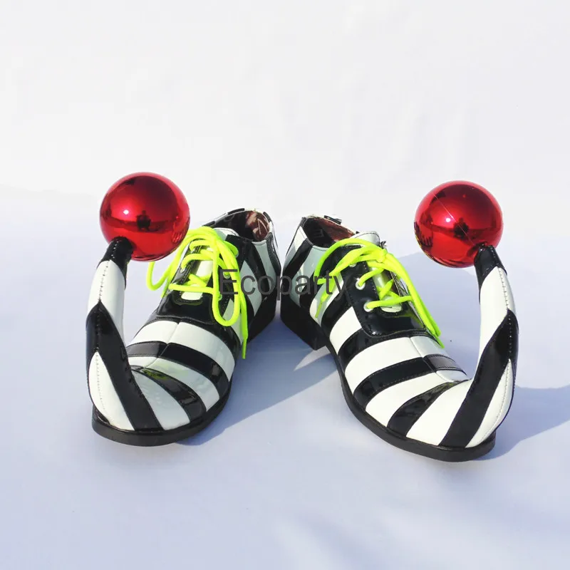 Adults Halloween Clown Cosplay Shoes Funny Circus Club Clown Performance Stripe Clown Shoes With Red Ball Carnival Cosplay Shoes