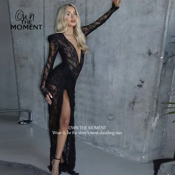 OTM  Black Lace Evening Gown Plunging V-Neck Long Sleeve High Side Slit Maxi Dress Sexy Dazzling Formal Party Dres Customized
