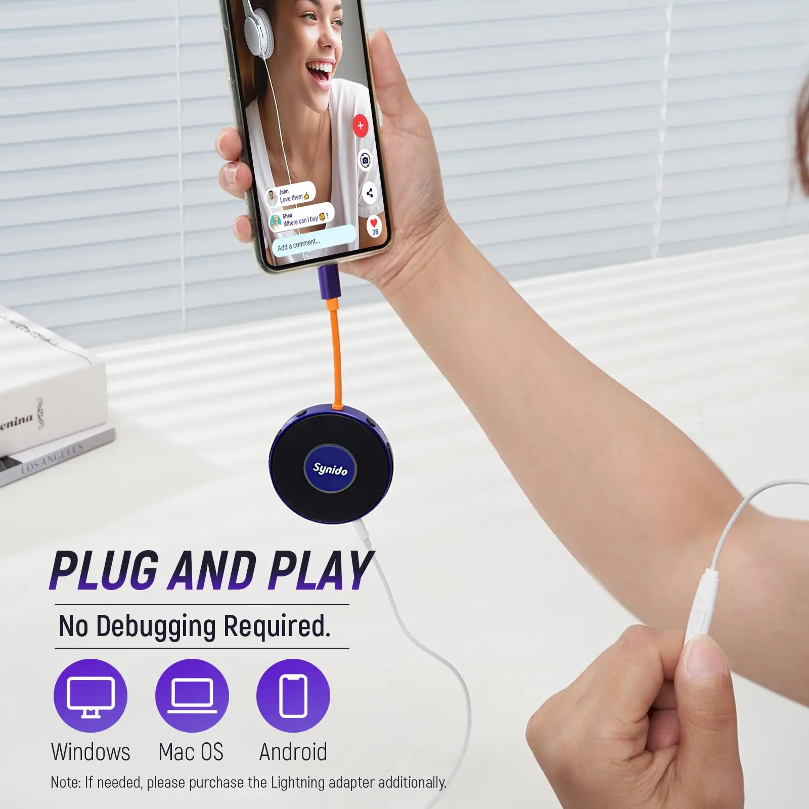 Portable Audio Interface for Live 24-bit 48 kHz Streaming while Charging for iPhone Android PC 1/4'' Adapter Electric Guitar