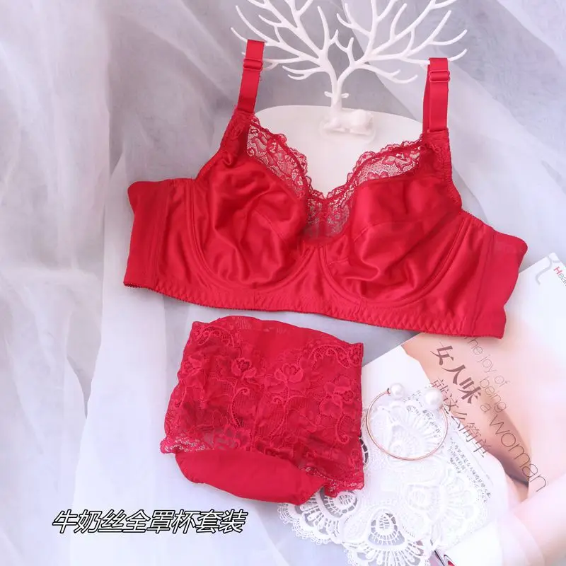 

Plus Size Ultra-thin Full Cup Women's Minimizer Bra Set Push Up Sexy Lace Red Lingerie 75 80 85 90 95 100 105 110 B C D E F G H