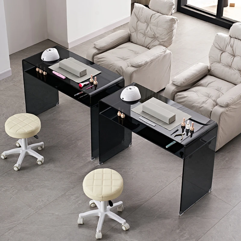 Black Simple Nail Table Modern Design Salon Speciality Nail Table Glass Exquisite Mesa De Manicure Salon Furniture HD50ZJ