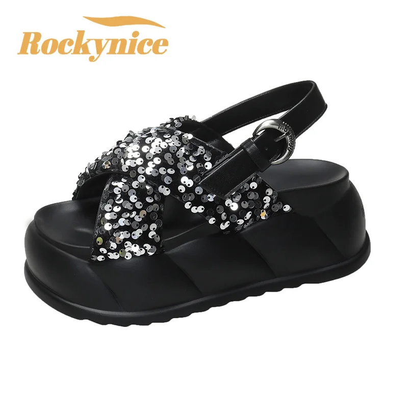 Women High Platform Bling Sandals New Summer 7CM High Heels Wedges Beach Shoes Walking Chunky Slippers Leather Sandalias Mujer