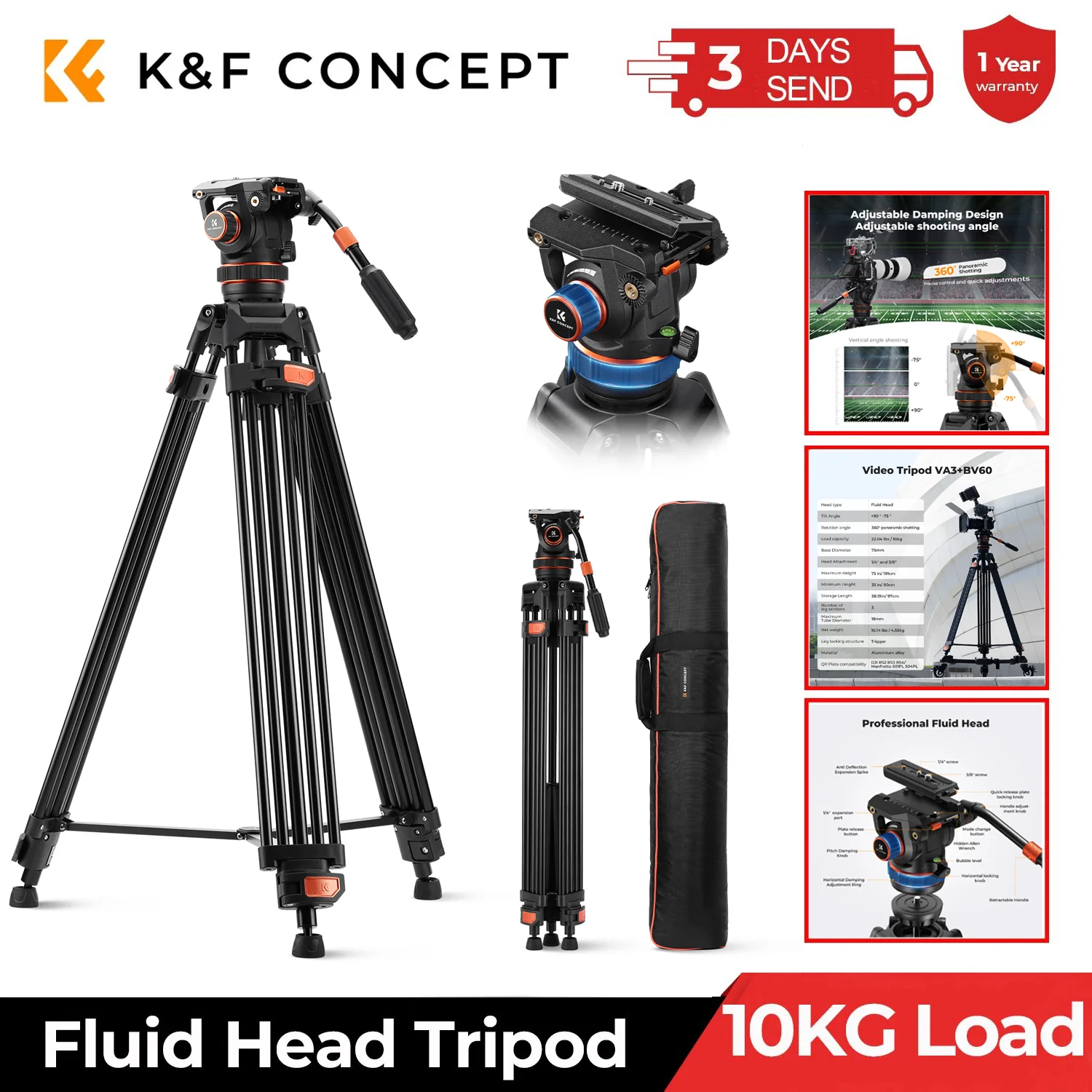K&F CONCEPT 22ポンド/10KG耐荷重 流体雲台三脚 最大1.91m プロ