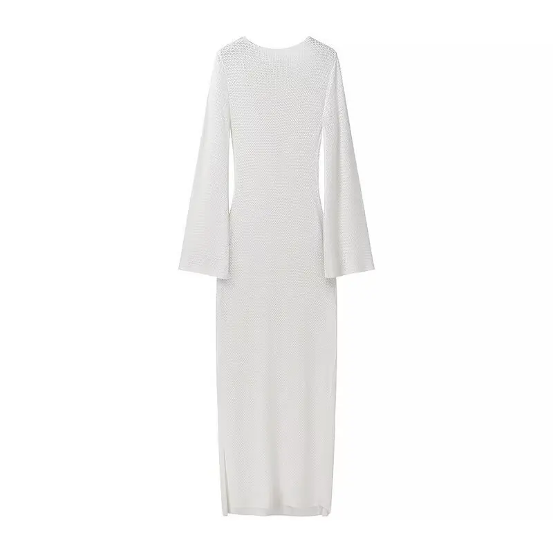Vestido de otoño de punto calado para mujer, transparente, con escote en V, sin espalda, informal, para playa, vacaciones, maxivestido de punto, vestido de mujer nuevo