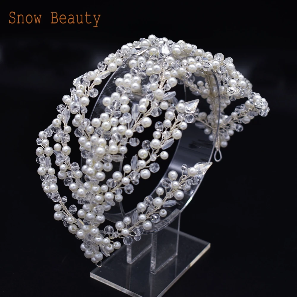 DZ076 Pearl Bridal Headband Crystal Bride Tiara Headpieces Silver Wedding Headdress Handmade Rhinestones Wedding Hair Jewelry