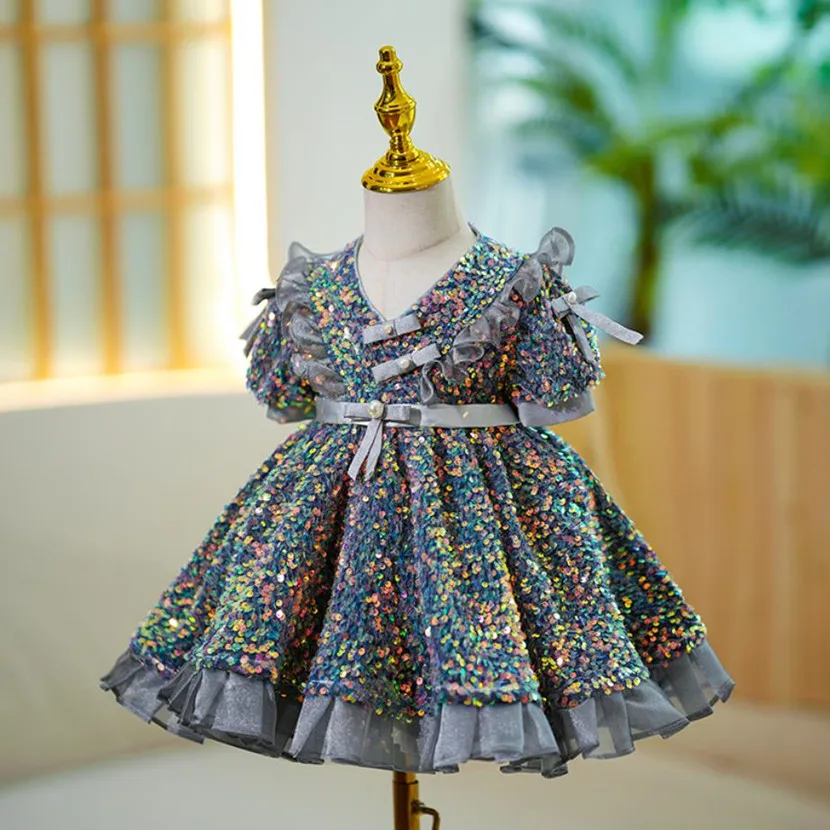 

Children's Princess Evening Gown Bow Pearls Sequin Design Birthday Baptism Party Easter Eid Dresses For Girl A2514
