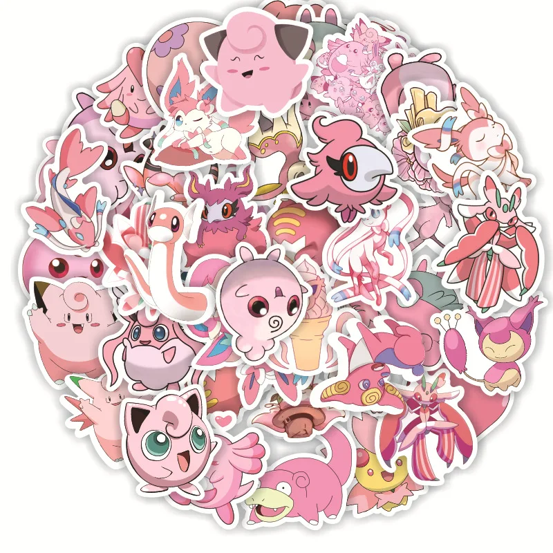 Adesivos Pokémon impermeáveis para notebook, adesivos bonitos, rosa, tipo  fada, figuras do anime, Mew, Sylveon, Spritzee, Jigglypuff, 50pcs -  AliExpress