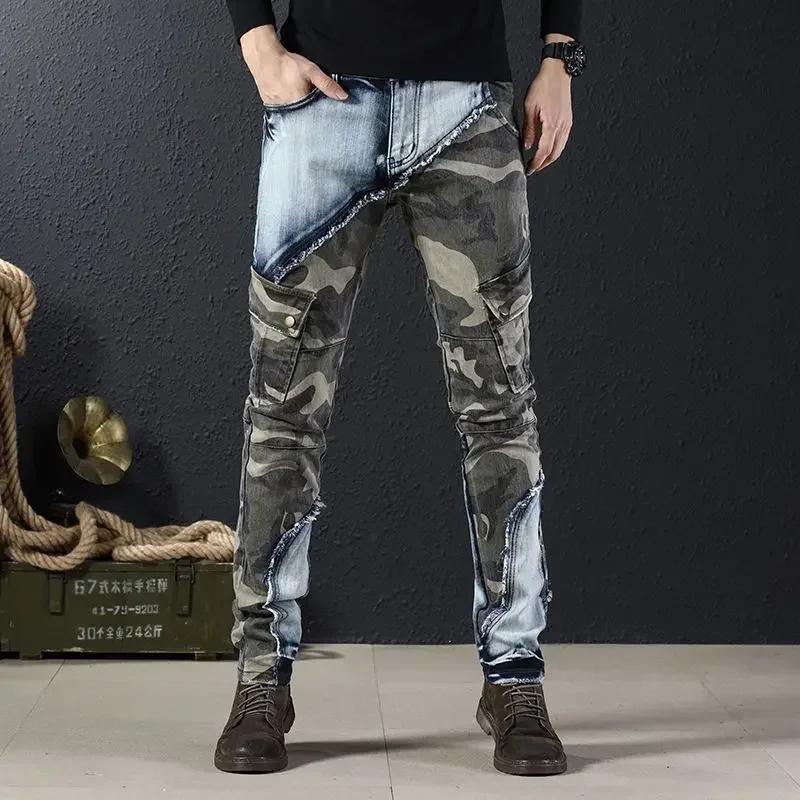 

Man Cowboy Pants with Pockets Trousers Spliced Camouflage Men's Jeans Cargo Luxury Cotton Kpop Korean Style Fashion Buggy Denim