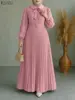 Elegant Muslim Dress Abaya ZANZEA Women 2025 Autumn Dresses Long Lantern Sleeve Pleated Sundress Belted Robe Femme Party Vestido