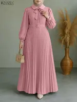 Elegant Muslim Dress Abaya ZANZEA Women 2025 Autumn Dresses Long Lantern Sleeve Pleated Sundress Belted Robe Femme Party Vestido