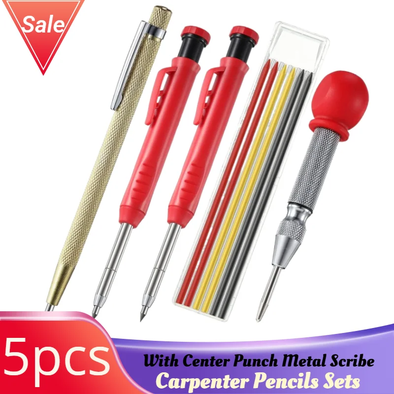 5 Pcs Carpenter Pencils Sets with Center Punch Metal Scribe, Long Head Deep Hole Marker with 6 Refills for Construction Woodwork wc series high speed metal insert u drill bit 5d indexable u drill machinery lathes cnc for deep hole violent drill