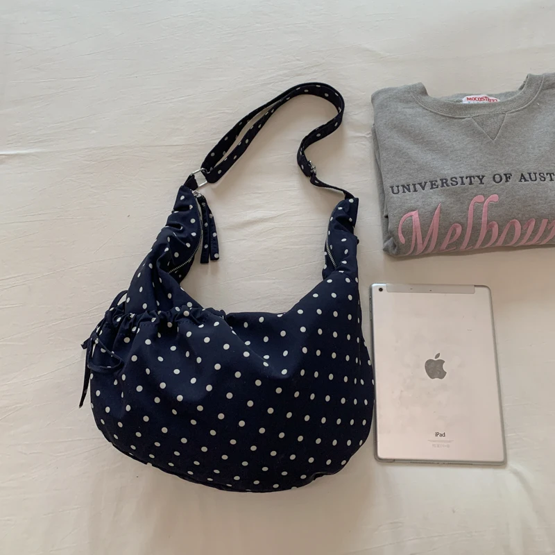 Borsa a tracolla da donna a pois, morbida e leggera in nylon, con tracolla regolabile, casual, di grande capacità - immagine 5