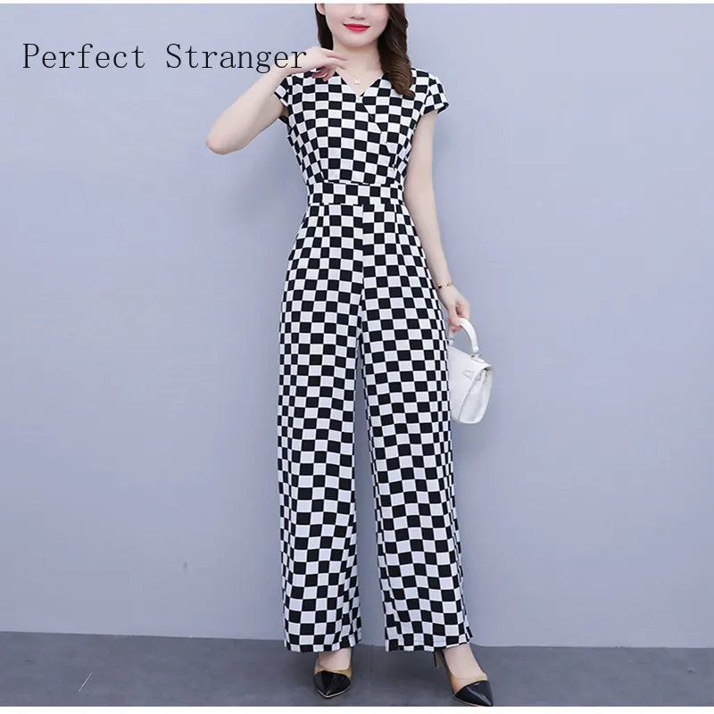 Summer Ladies' Wide Leg One-piece Pants Temperament Commuter Lantern Short Sleeve V-neck Houndstooth Jumpsuit