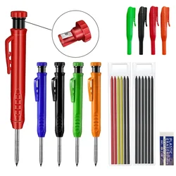Solid Carpenter Pencil with Refill Leads and Built-in Sharpener for Deep Hole Mechanical Pencil Marker Marking Woodworking Tools
