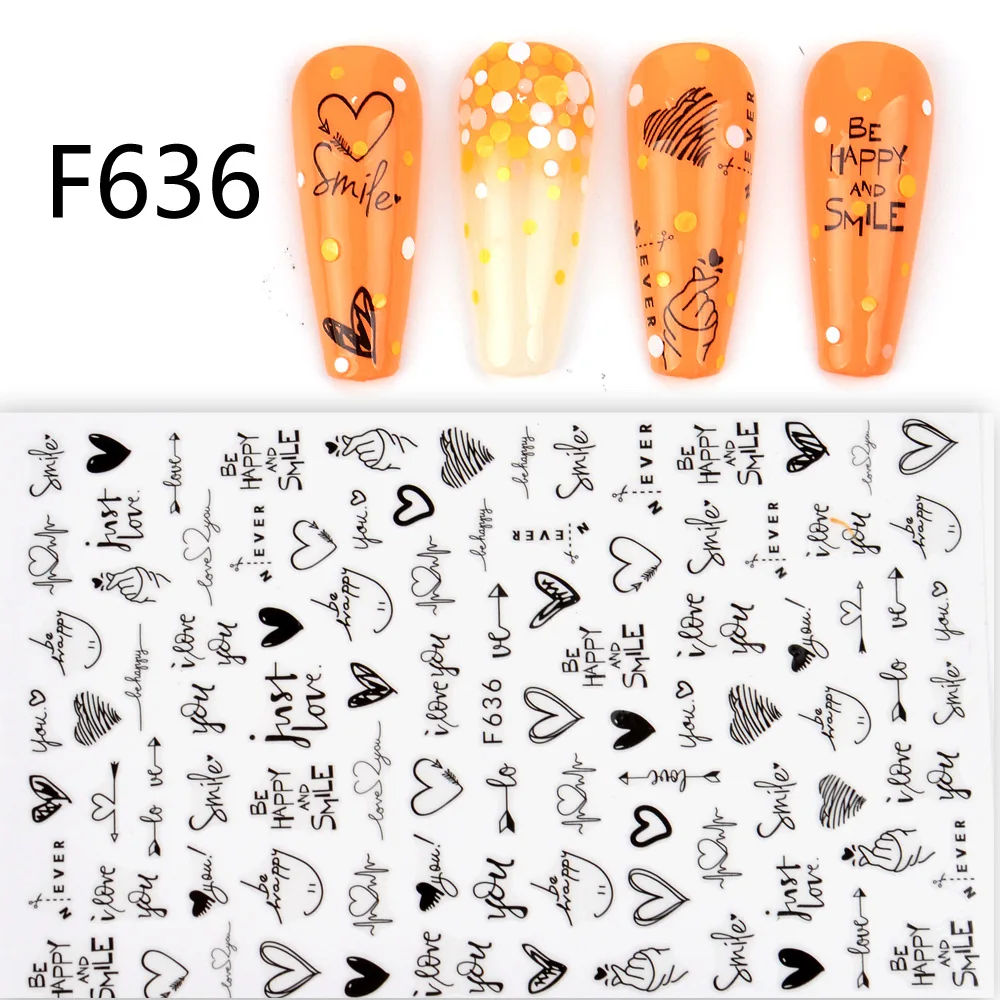 Nail Stickers Black and White Love Flowers Line Art 3D Decals Butterfly Rose Sliders