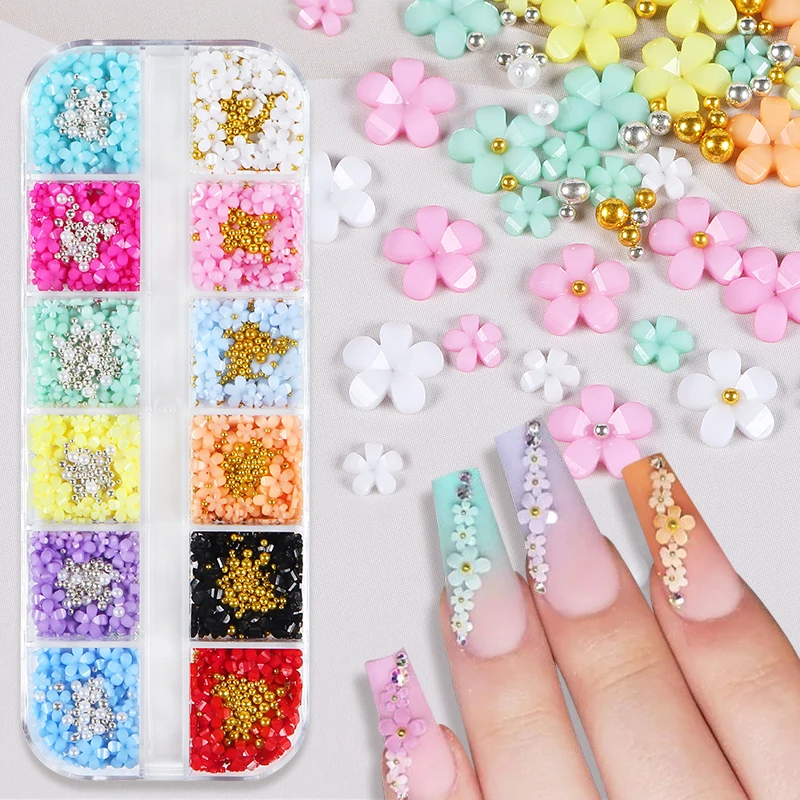 3d Acrylic Flower Nail Art Decorations Gold Silver Beads Color