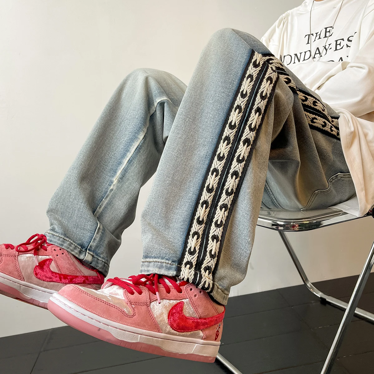 

Japanese retro jeans men's side webbing American vibe style design wide-leg pants high street tide brand casual pants y2k