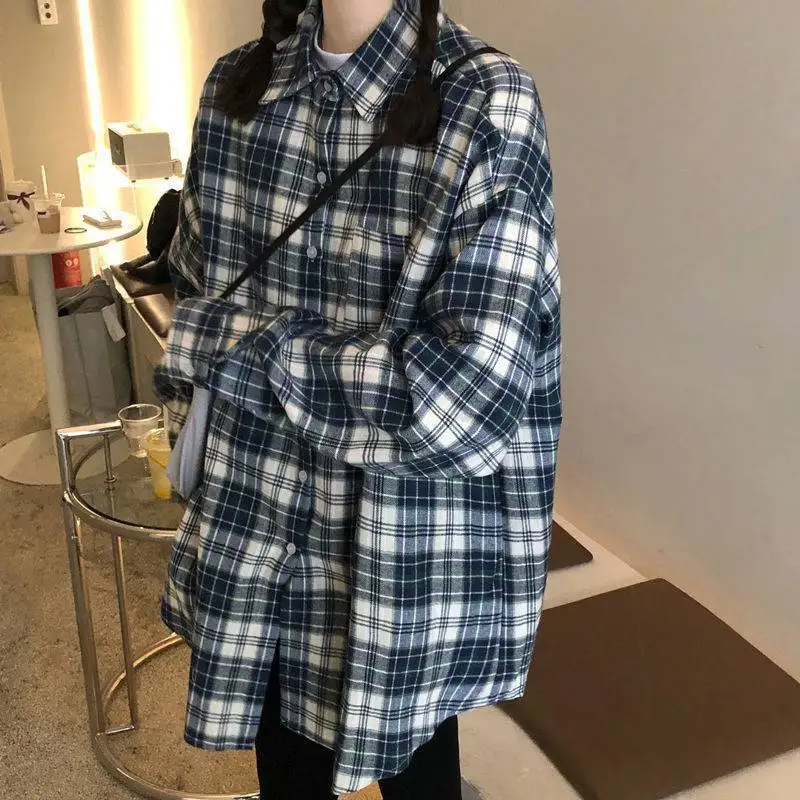 Awen Loose Oversized Plaid Shirts Korean Chic Checked Cardigan Blouses and Tops 2022 New Cotton Checked Lady Casual Outwear