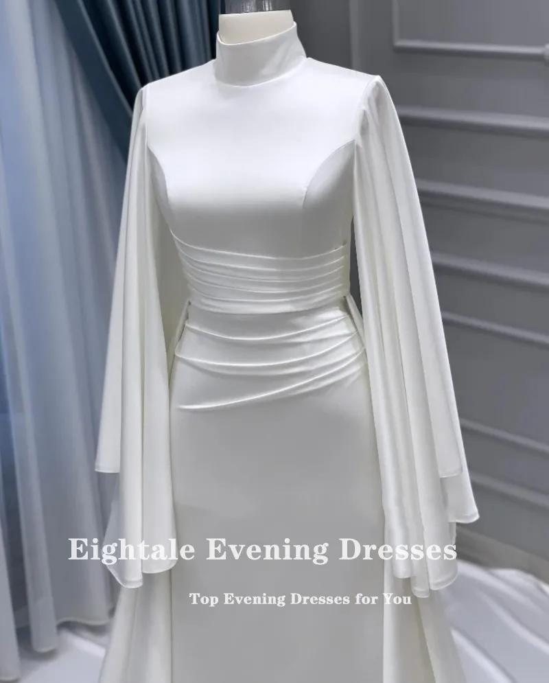 Eightale Muslim Wedding Dress High Neck Satin Customized White Ivory Arabic Bridal Gown Long Sleeves Vestido De Noiva 6