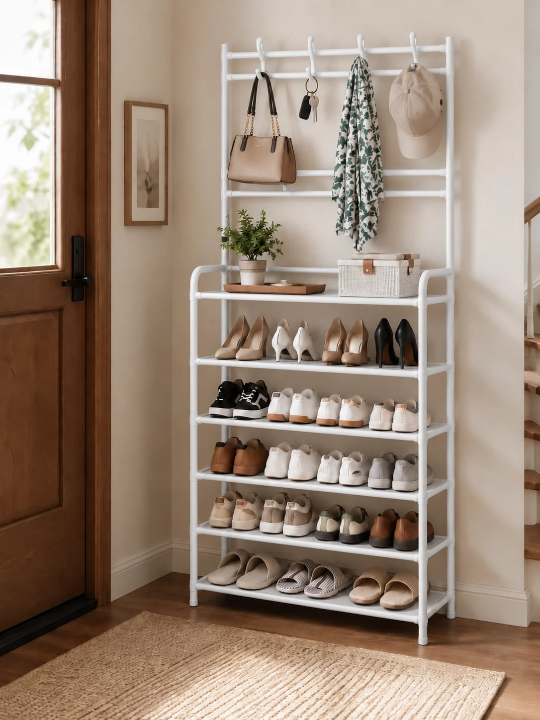 White5 Tier Shoe Rack with Hooks, Space Saving Entryway Organizer for Shoes, Bags, Hats, Closet & Bedroom