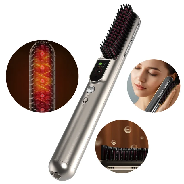 Portable Wireless Ionic Hair/Beard Straightener Brush Quick Heating Electric Comb for Men Women Nylon Material Battery Powered
