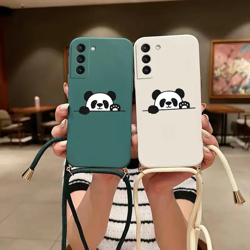 

Panda Cute Label Crossbody Lanyard Silicone Phone Case For Samsung Galaxy S22 S22Plus S22Ultra S21FE S23Ultra S21 S23 S20 Cover