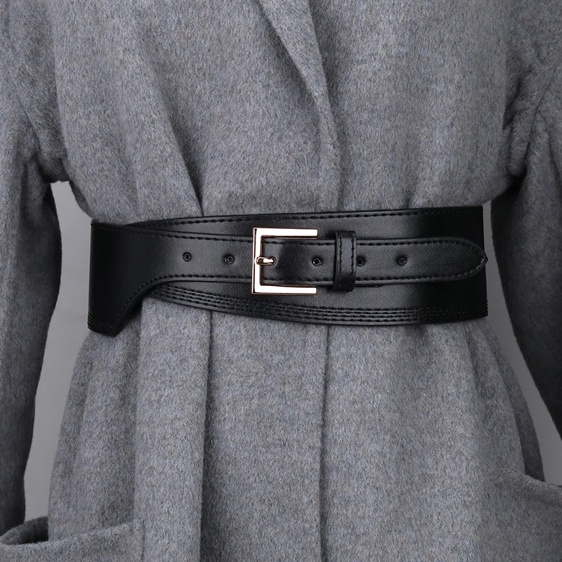 HOT Faux Leather Waistbands Asymmetrical Black Wide Long Pin Buckle Belt Women New Fashion Cummerbunds Dress Coat Party Decorate