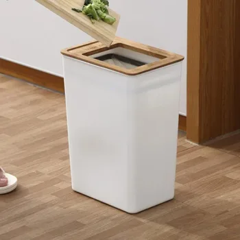 Bidone della spazzatura rettangolare con anello di coperchio in legno Cestino della spazzatura grande Bidone della spazzatura bianco Contenitore della spazzatura per ufficio, casa, camera da letto 1