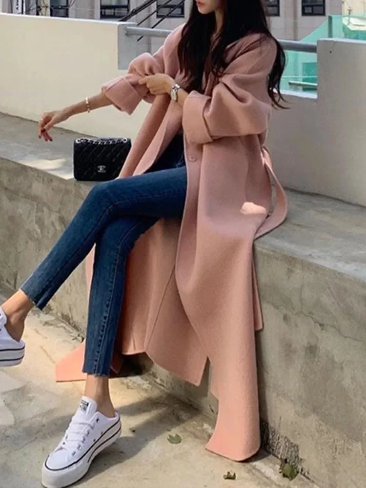 

Fashion Women Woolen Coat Long Sleeve Streetwear Vintage Jackets Slim Solid Button Belt 2023 New Autumn Winter Woolen Coat