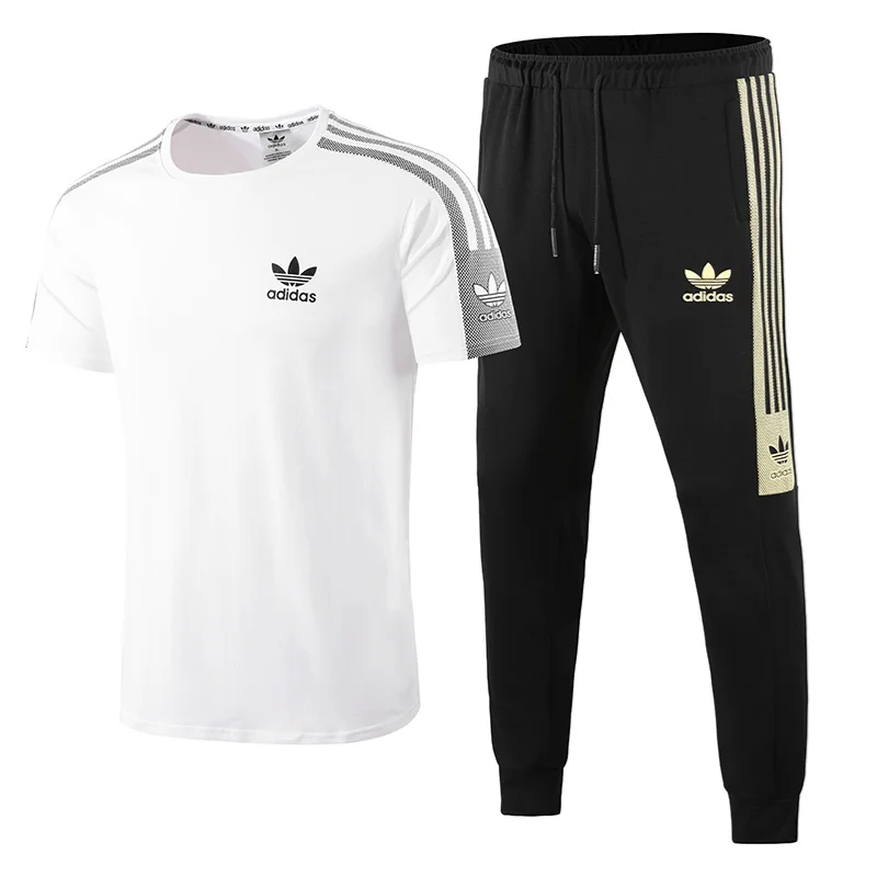 Adidas Men's Exercise Sets, Stripes, Athletic, Moisture-wicking, Elastic Short Sleeved and Long Pants Sets, White and Black 3 Adidas Men's Exercise Sets, Stripes, Athletic, Moisture-wicking, Elastic Short Sleeved and Long Pants Sets, White and Black 3