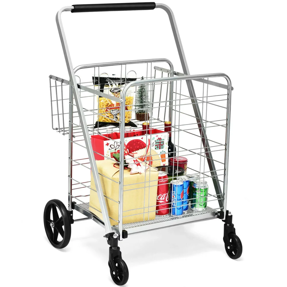

330lbs Heavy Duty Folding Shopping Cart Utility Jumbo Double Basket Silver