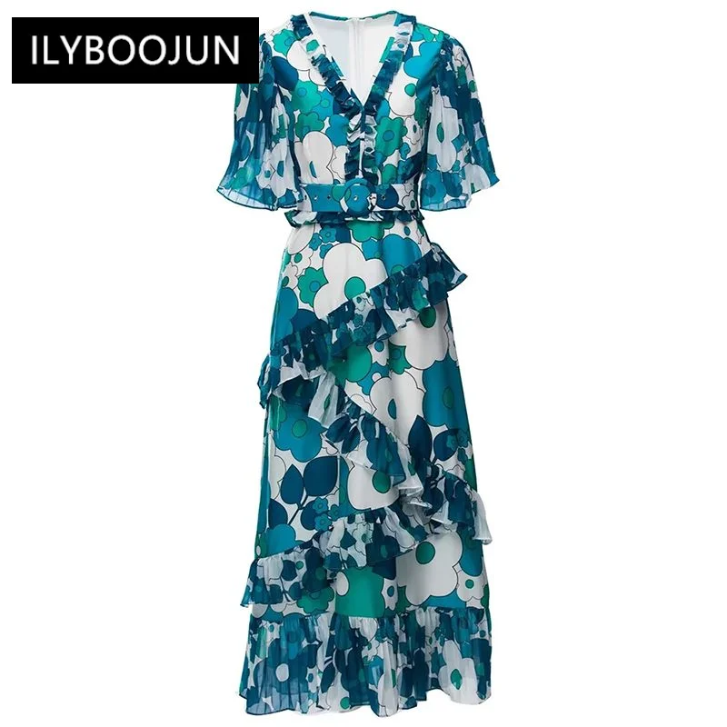 

Dresses For Women 2023 Runway Luxury Brand Elegant Summer V-Neck Butterfly Sleeve Ruffles Flowers Print Belt Party Dress