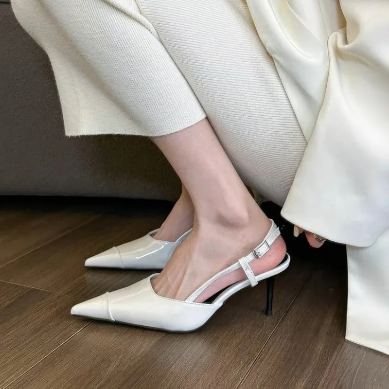 

Fashion Women Sandals Pointed Toe Summer Elegant Dress Shoes Thin High Heels Elastic Band Back Strap White Silver Red Black 39