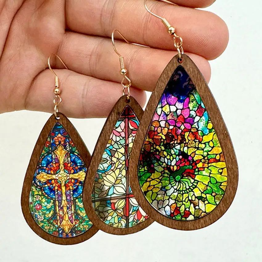 Mosaic Stained Glass Earrings for Women 2024 New Kaleidoscope Pattern Wood Acrylic Bright Colorful Statement Earrings Wholesale