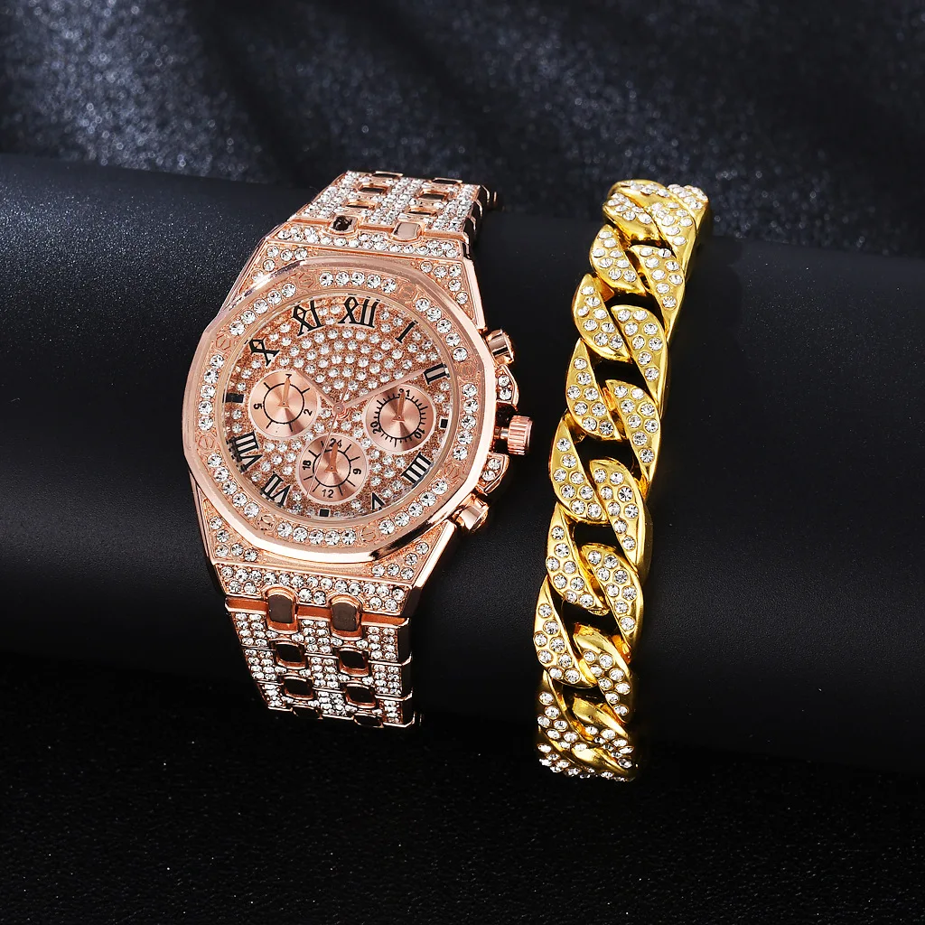 2PCS Iced Out Watch Bracelets for Men Women Couple Luxury Watches Gold Diamond Mens Watch with Cuban Chain Jewelry Dropshipping
