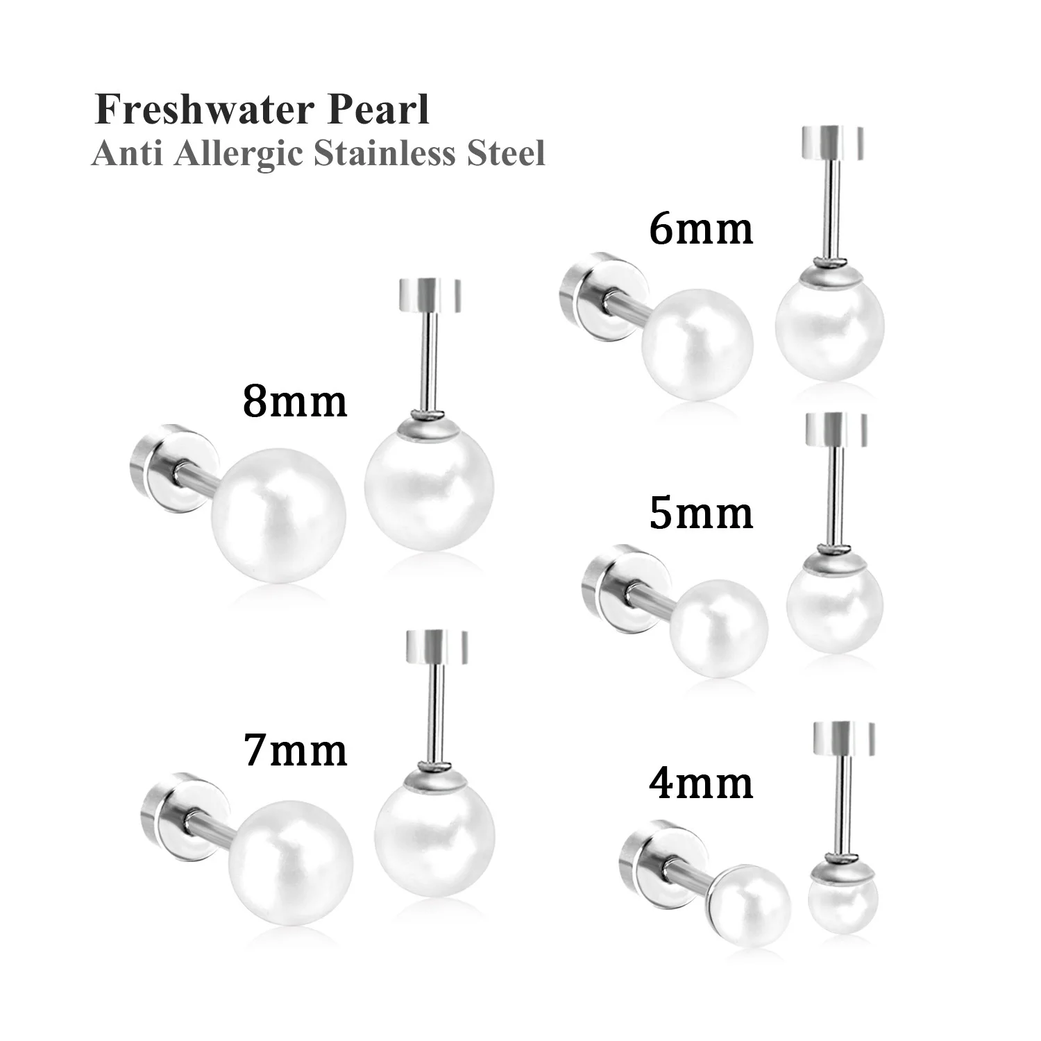 Pearl Stud Earrings for Women Screw Stainless Steel Earrings 8mm WhiteTiny 20G Piercing Sleeper Mens Fashion Tragus Ears 2