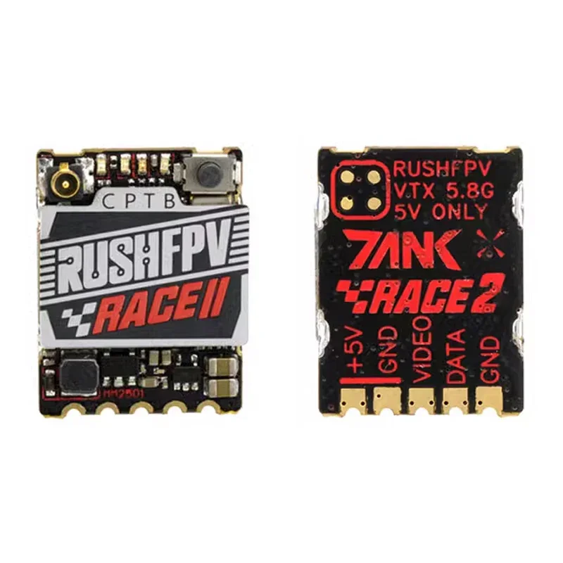 RushFPV Race2 Émetteur Vidéo 5.8G 48CH SmartAudio 2.1 posé à côté d'une pièce de monnaie pour illustrer sa taille réduite de 1,7g.