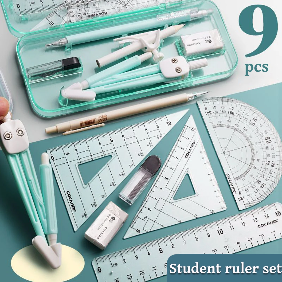 Kawaii Ruler Set Exam Compass Ruler 9-piece Set Student Math Drawing Tool School Supplies