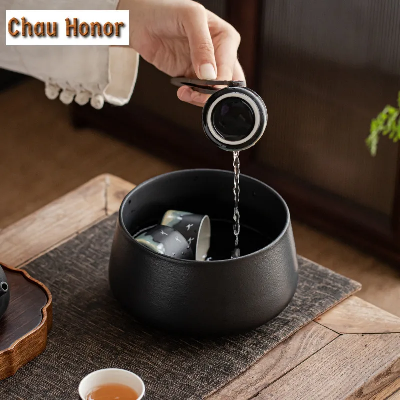 Black Pottery Ceramic Tea Washing With Cover Large Household Tea Residue Jar Jianshui Bowl Cup Washing Bowl Kung Fu Tea Ceremony