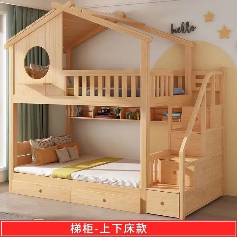 Solid wood children's bed, tree house, bunk, second floor high and low , mother and child , boy and girl cabin