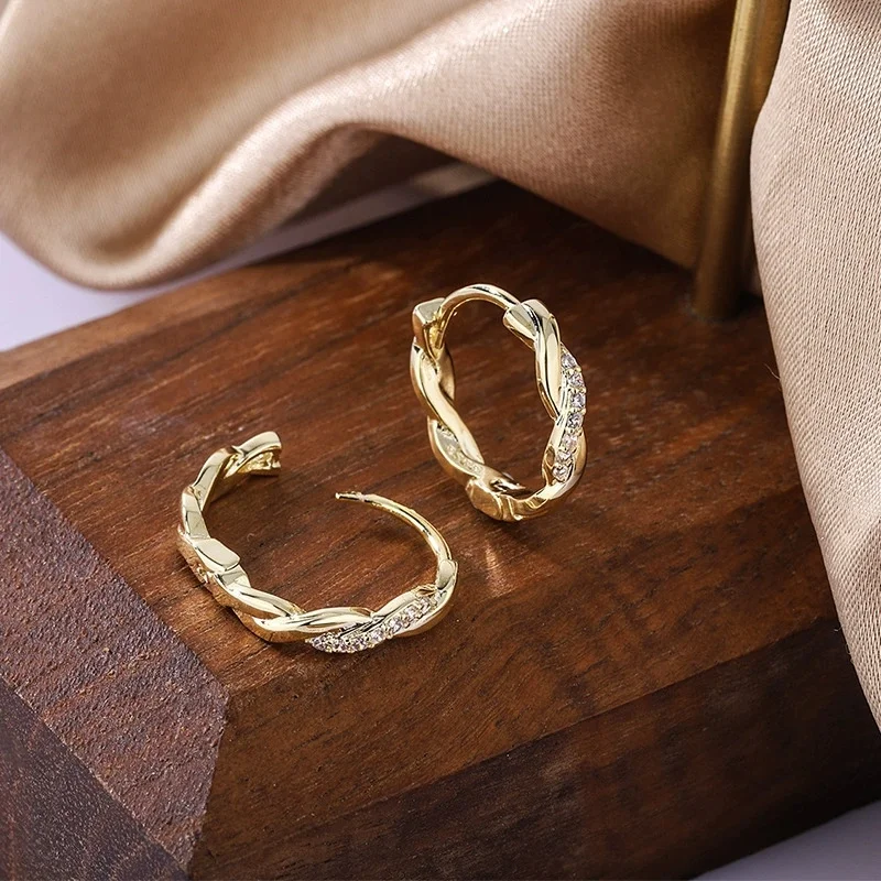 White Zircon Small Round Stone Twisted Infinity Hoop Earrings For Women Vintage Gold Color Ear Buckle Wedding Jewelry Valentines