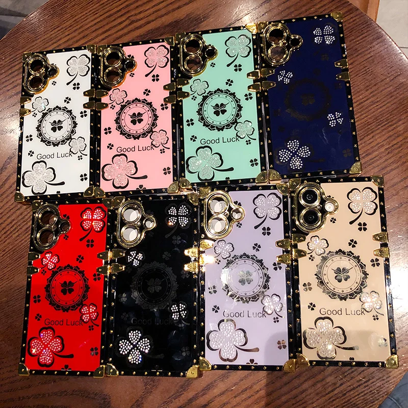 Glitzernde Retro-Diamant-Strass-Quadrathülle für iPhone 16 12 13 14 15 Pro Max 16pro Weiche Silikonbeschichtung Stoßfeste Hülle_voghion.com