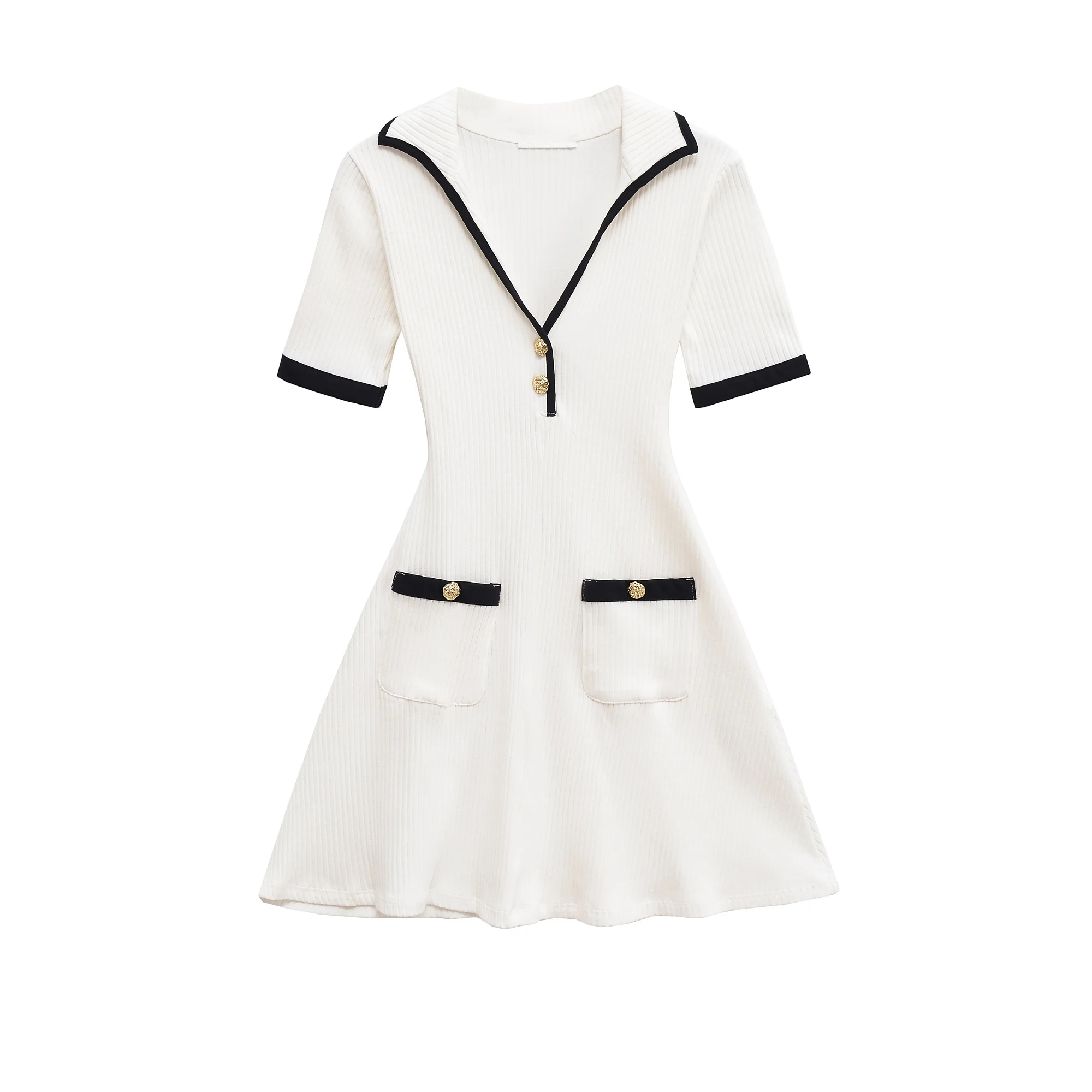 2025 Women Sweater Dress Autumn Women's Slim Fit V-Neck Short Sleeve Skirt Cinched Waist Metal Button Ribbed Dress College Style