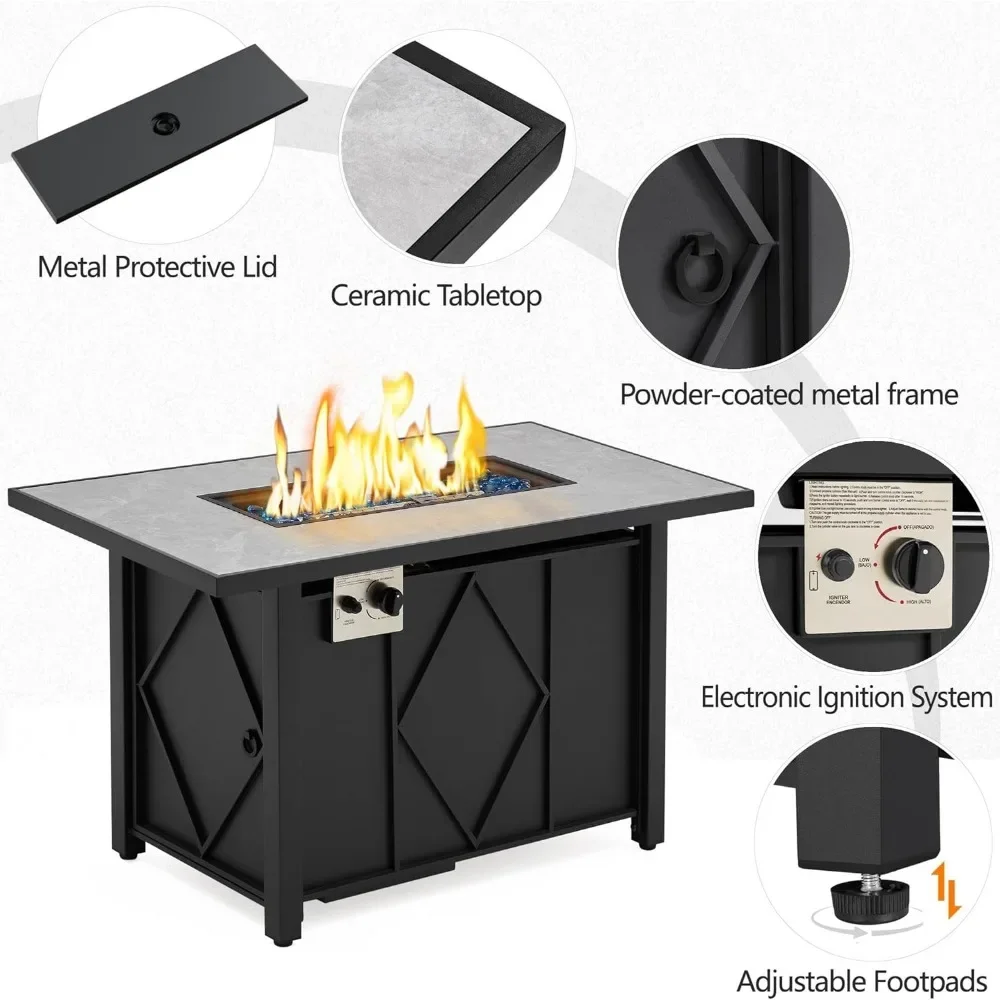 Propane Fire Pit 43 Inch Gas Fire Pit Table, Auto-Ignition 2 in 1 Gas Firepit with Ceramic Tabletop, Glass Stones, FirePits
