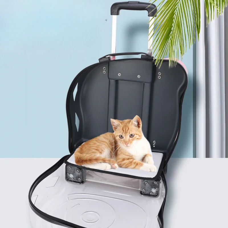 Convenient Travel Pet Suitcase Fashion Transparent Cat Carriers Pull Rod/Dual Shoulder Cat Cage Large Capacity Transport Box