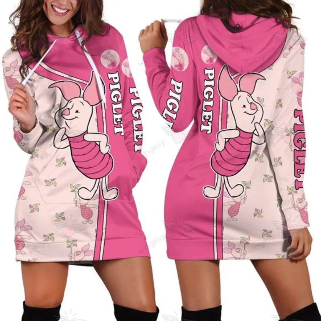 

New Disney Winnie the Pooh Piglet Hoodie Dress Sweater Fashion Disney Dress Sweatshirt Dress 3d Allover Printed Hoodie for Women