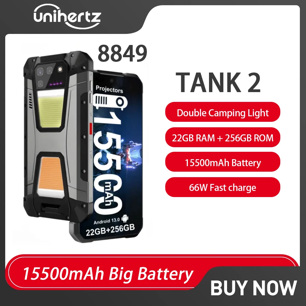 Unihertz 8849 Tank 2 Rugged Phone 256GB/512GB 108MP Camping Light 64MP Night Vision 15500mAh 66W 4G Cellphone With Projector NFC