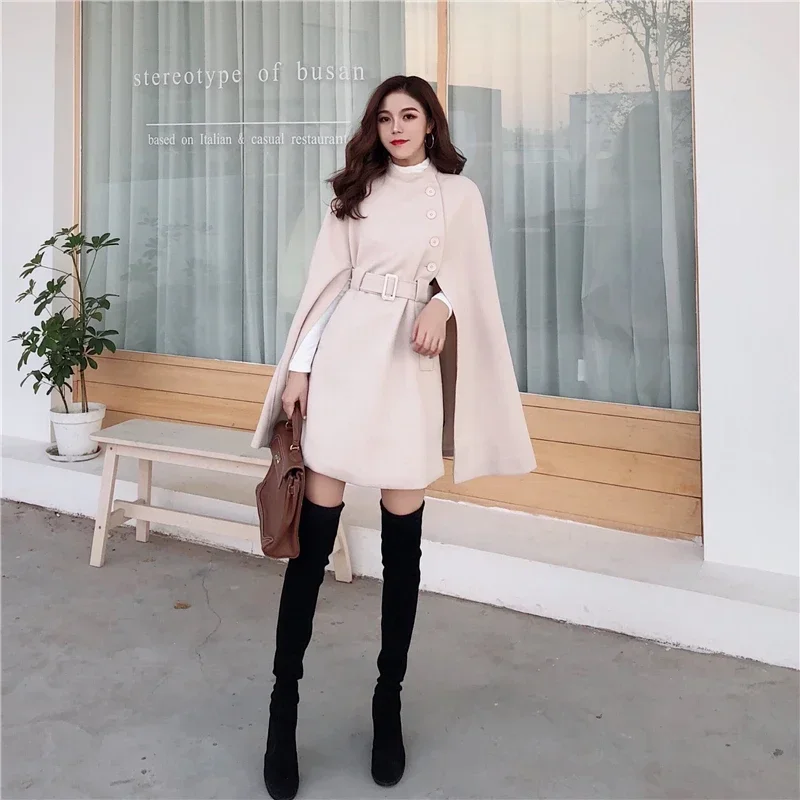 2023 Autumn High Quality Woolen Cloth Shawl Cape Poncho With Belt Women Mid-length Korean Sleeveless Casual Ladies Cape Coats