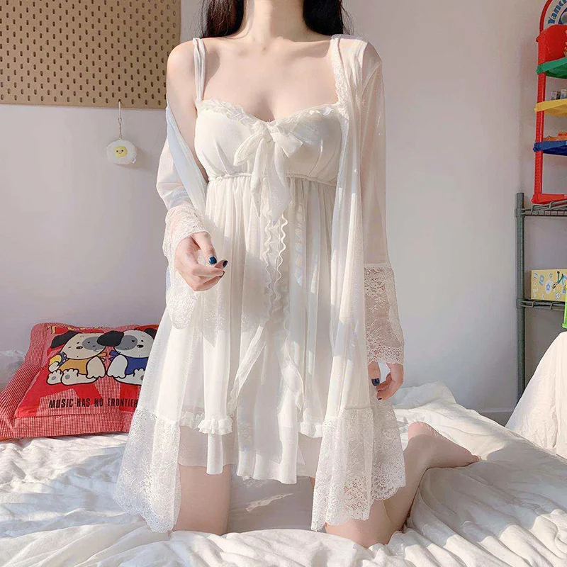 Elegant Sweet Simple Solid White Women Robe Gown Sets Chic Lace Bow Mesh Sleepwear Breathable Slim Nightdress 1